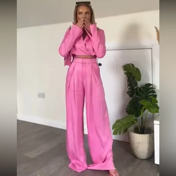 Zara Set - Pink Cropped Satin Effect Blazer & Full Length Pants - Picture 6 of 17